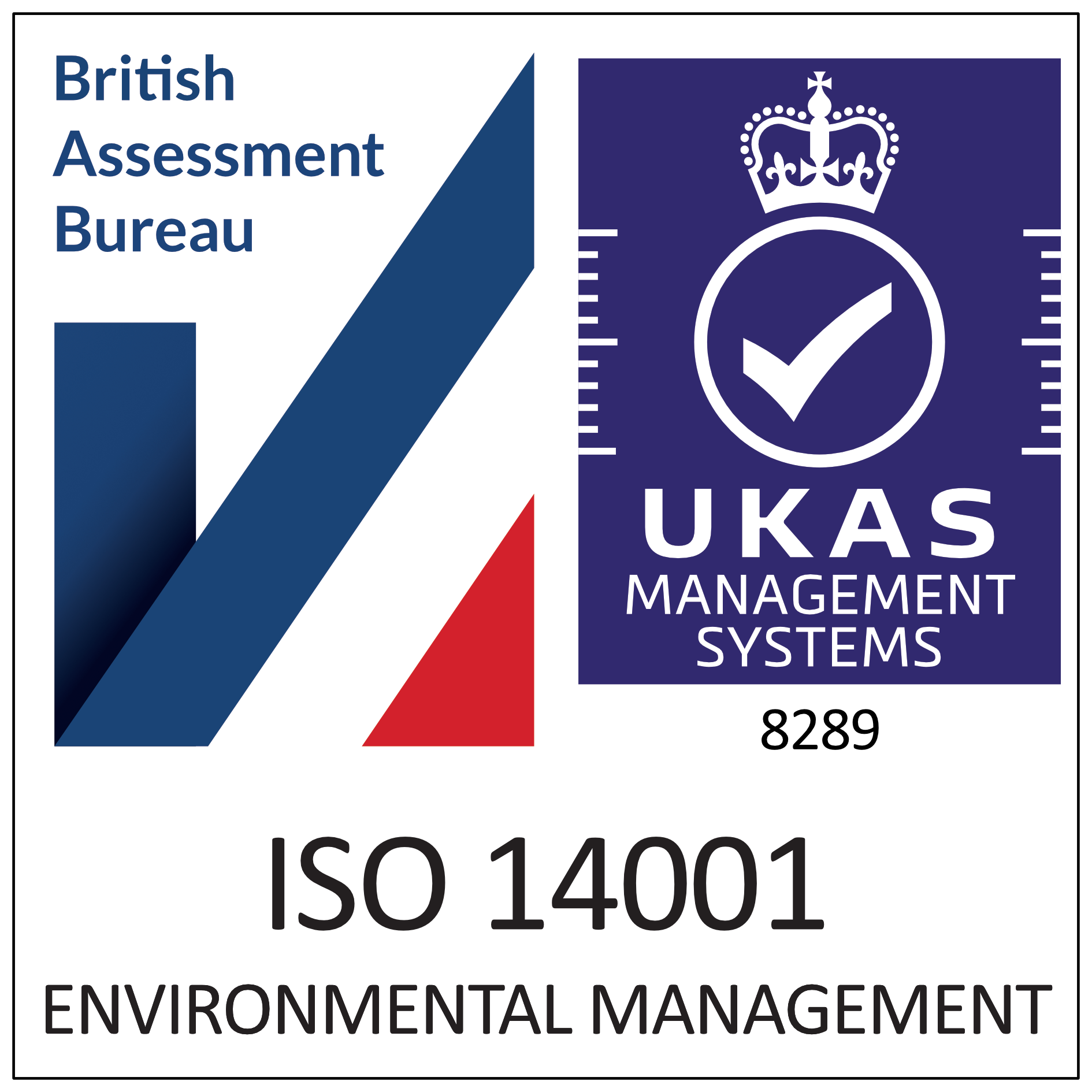 British Assessment Bureau and UKAS logos with blue, red geometric shapes, white crown symbol, and ISO 14001 certification text.