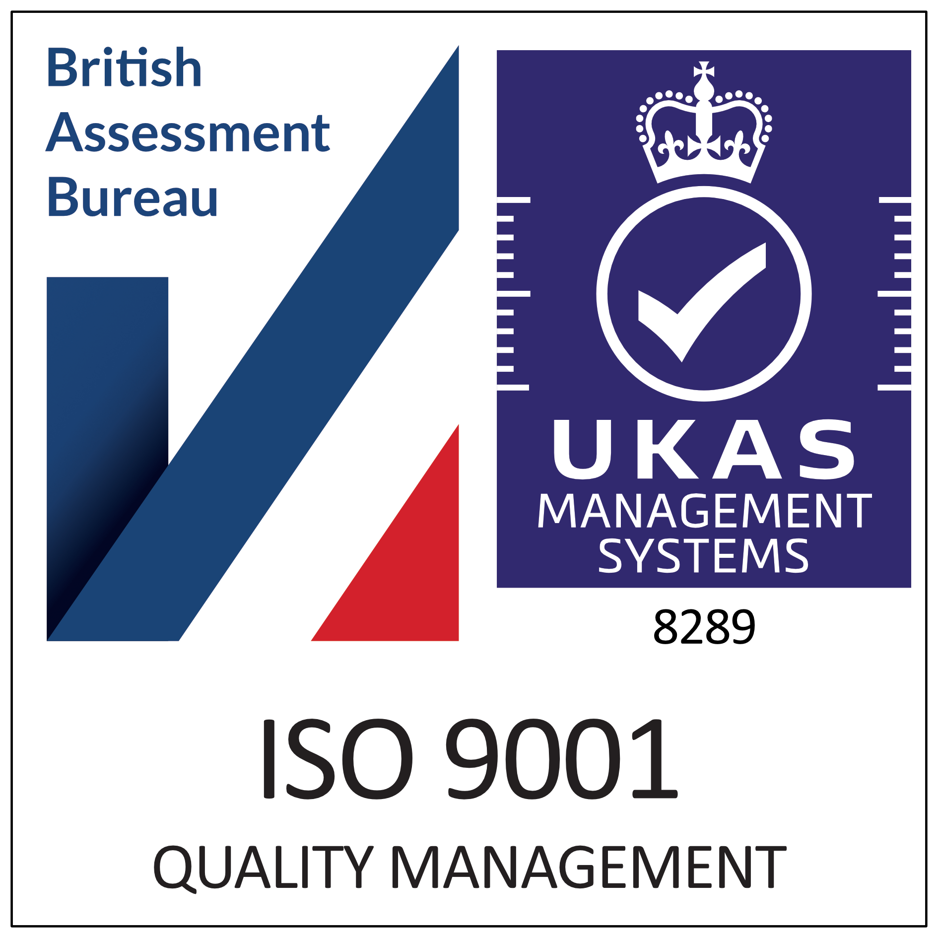 Two certification logos: British Assessment Bureau with blue diagonal stripes and red triangle; UKAS purple logo with crown and tick symbol. ISO 9001 text below.