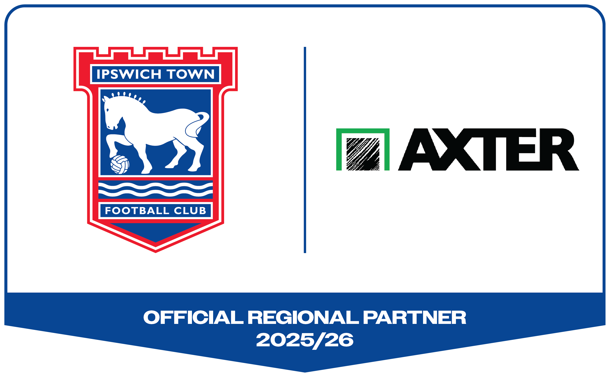 Ipswich Town FC shield logo with white horse on blue background beside Axter logo on white banner with blue stripe, 2025/26 text below.
