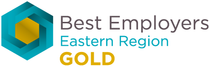 Logo with turquoise hexagonal shape containing yellow hexagon, grey text "Best Employers Eastern Region" and yellow "GOLD" text on black background.
