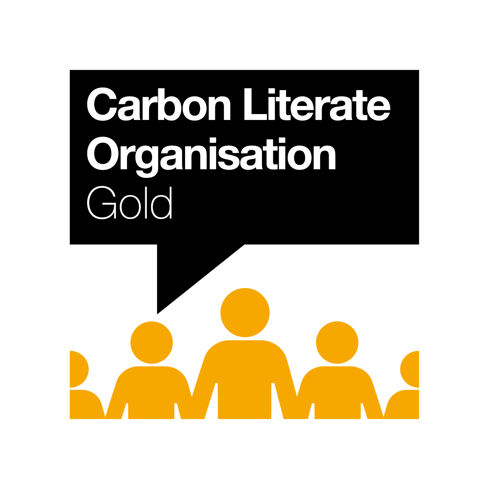 Black square with white text reading "Carbon Literate Organisation Gold" above five orange simplified human figures in a row.