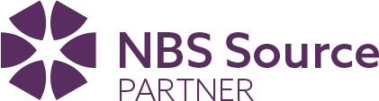 Purple eight-petaled flower logo next to "NBS Source" text with "PARTNER" beneath on black background.