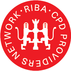 Red circular logo with white text "RIBA CPD PROVIDERS NETWORK" around perimeter and white castle/building icon in centre.