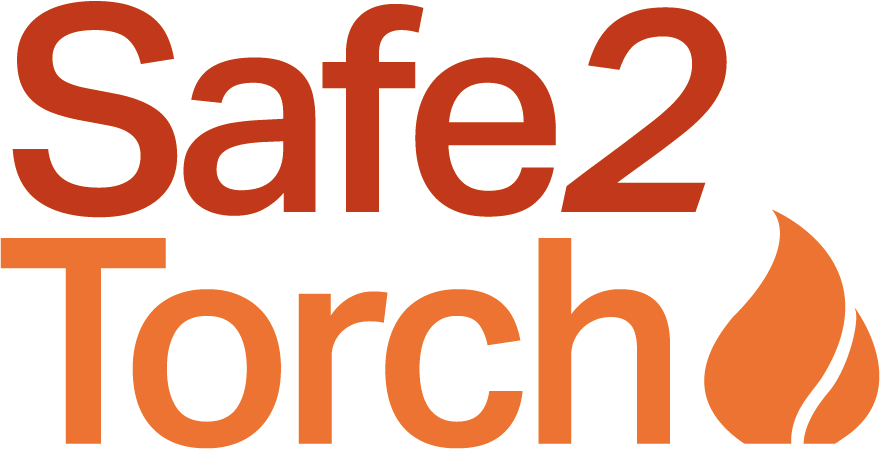 Red text reading "Safe 2" above orange text reading "Torch" with stylised orange flame symbol on white background.