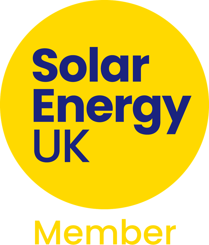 Yellow circle with blue text "Solar Energy UK" above yellow "Member" text on black background.