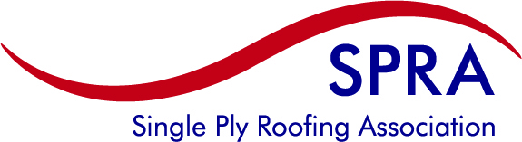 Red curved line above dark blue text "SPRA" with "Single Ply Roofing Association" beneath in smaller font on white background.