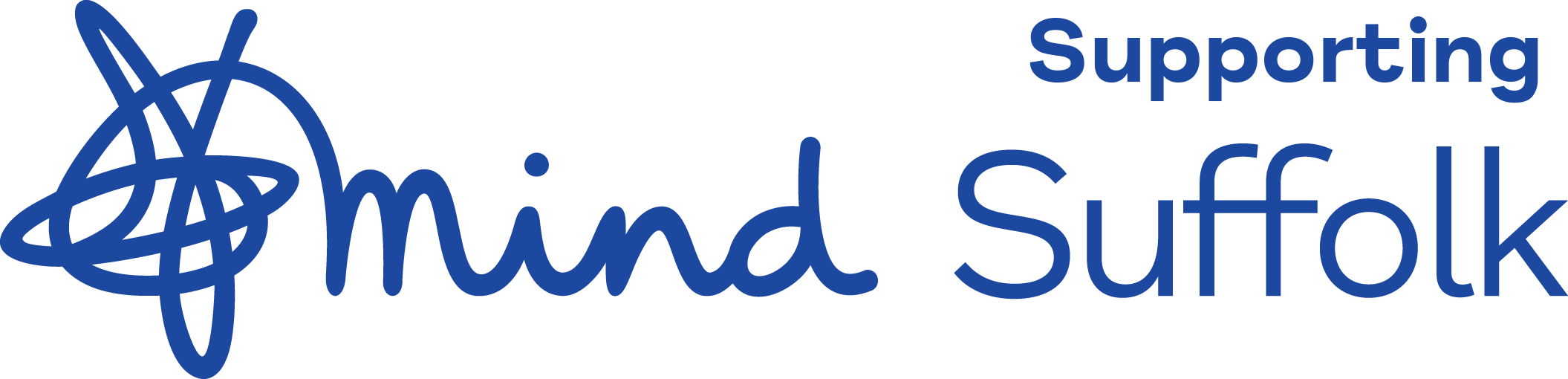 Blue Mind Suffolk logo on black background with curved line elements and "Supporting" text in upper right.