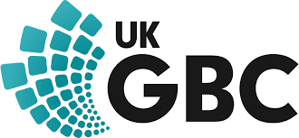 Curved arrangement of teal squares transitioning from solid blocks to dotted pattern, with bold black text "UK GBC" on white background.