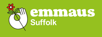 Green background with white hand holding red flower and green stem, alongside white text reading "emmaus Suffolk"