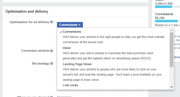 facebook showing optimisation for landing page views