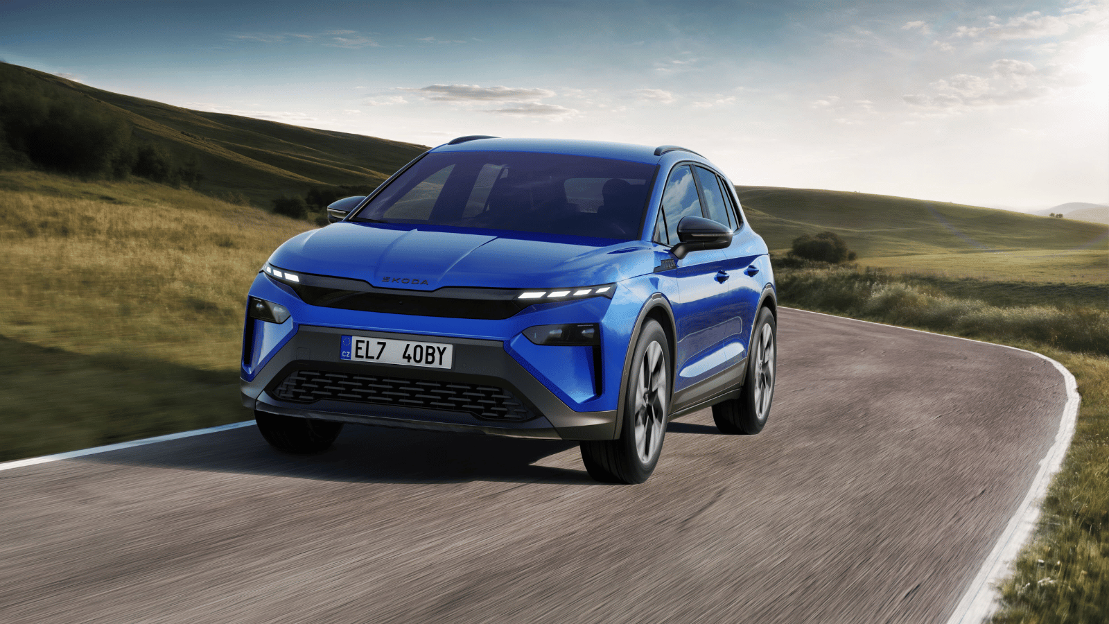 blauwe auto weg door natuur