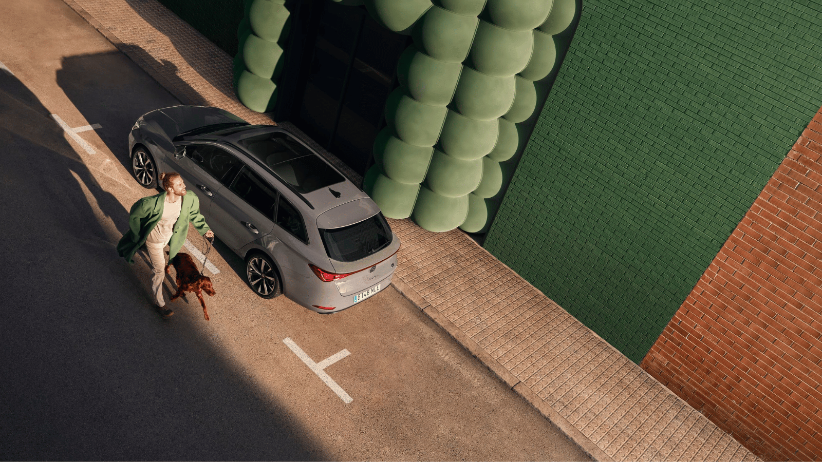 Auto met persoon en groene muur