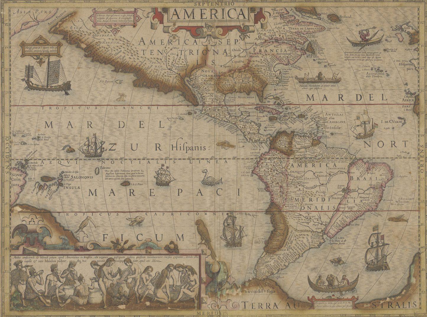 Antique map of the Americas depicting sea monsters, ships, and detailed coastlines. Illustrative borders show people and mythical figures, hinting at 16th-century cartography style. Landmasses have Latin inscriptions with decorative compass roses.