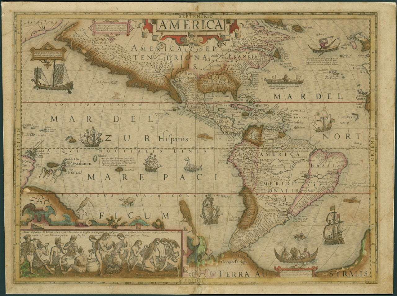 Antique map of the Americas, featuring intricate designs, sea creatures, ships, and territories marked with Latin labels. Decorative border includes mythical figures and scenes. Vintage, artistic representation of the New World.