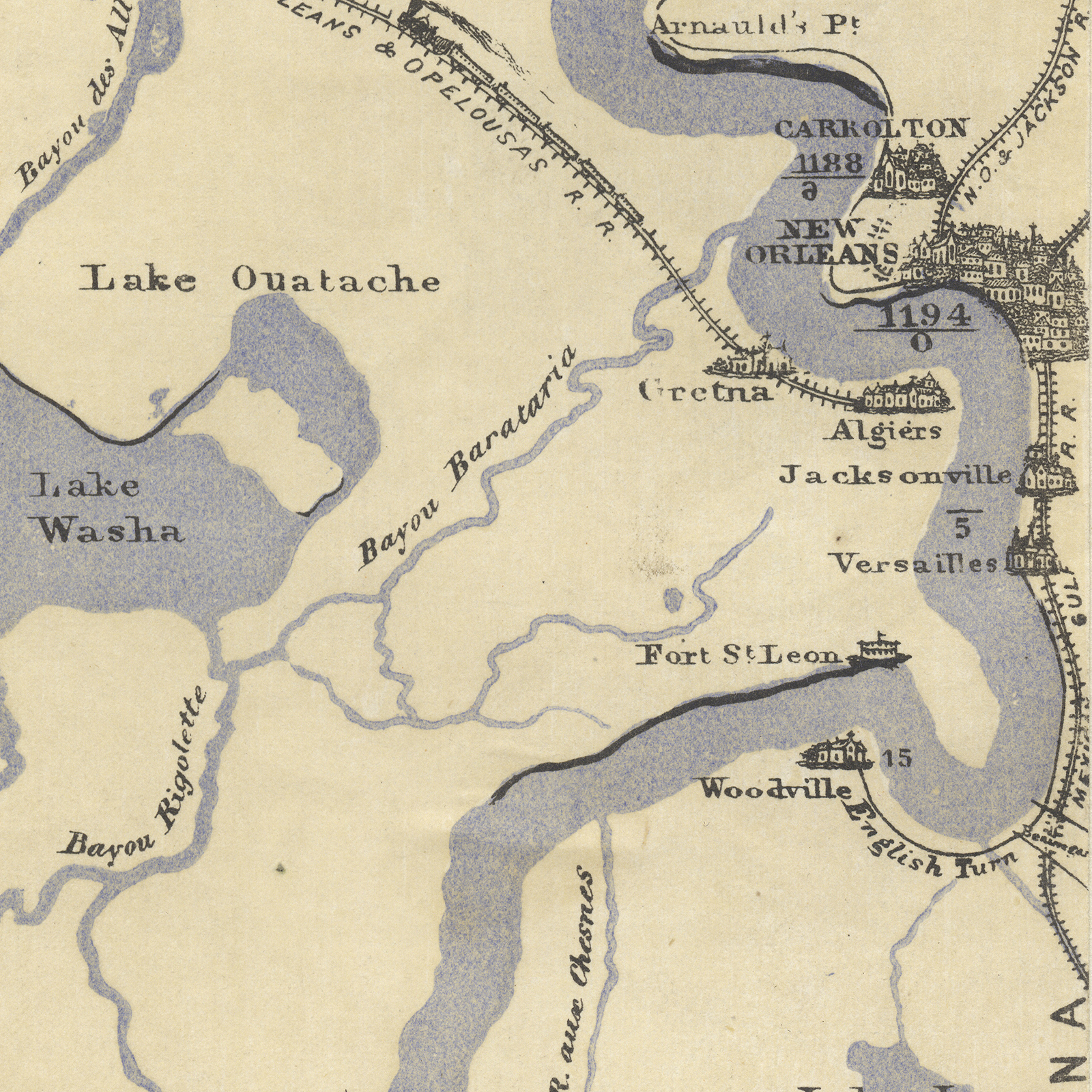 A vintage map section showing parts of New Orleans and nearby areas, including Lake Ouatcha and Lake Washa. Features include Fort St. Leon, Woodville, and Jackson with labeled roads and waterways like Bayou Barataria and Bayou Rigolettes.