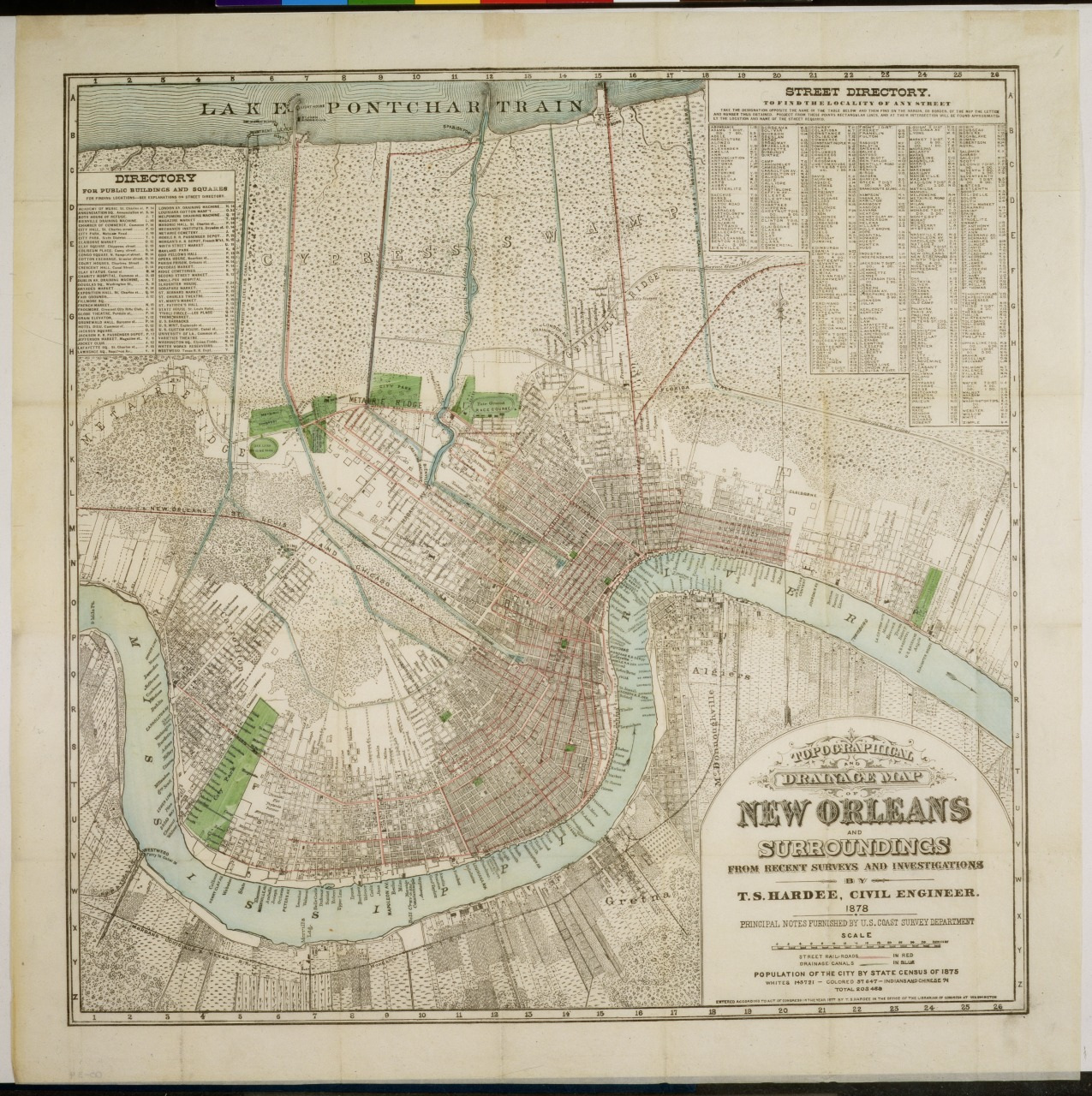 A vintage map of New Orleans and its surroundings, detailing streets and districts. It includes a street directory and topographic features like Lake Pontchartrain. The map is ornately designed with a scale and historical annotations.