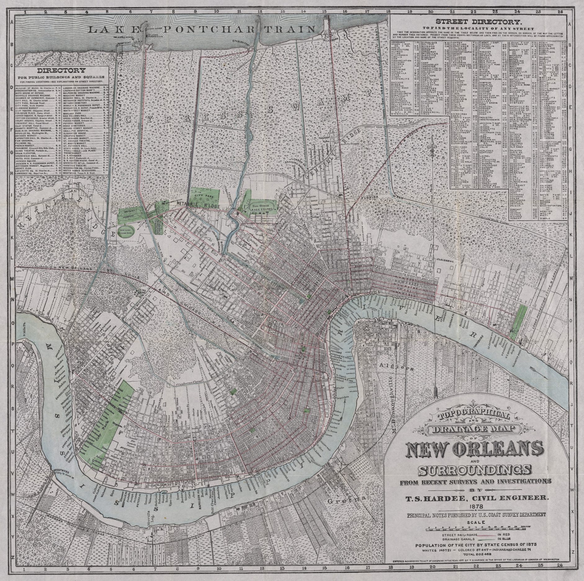 Vintage map of New Orleans and its surroundings, including street and property details, waterways, and green park areas. The map features a directory and ornate typography, highlighting its historic and intricate design.