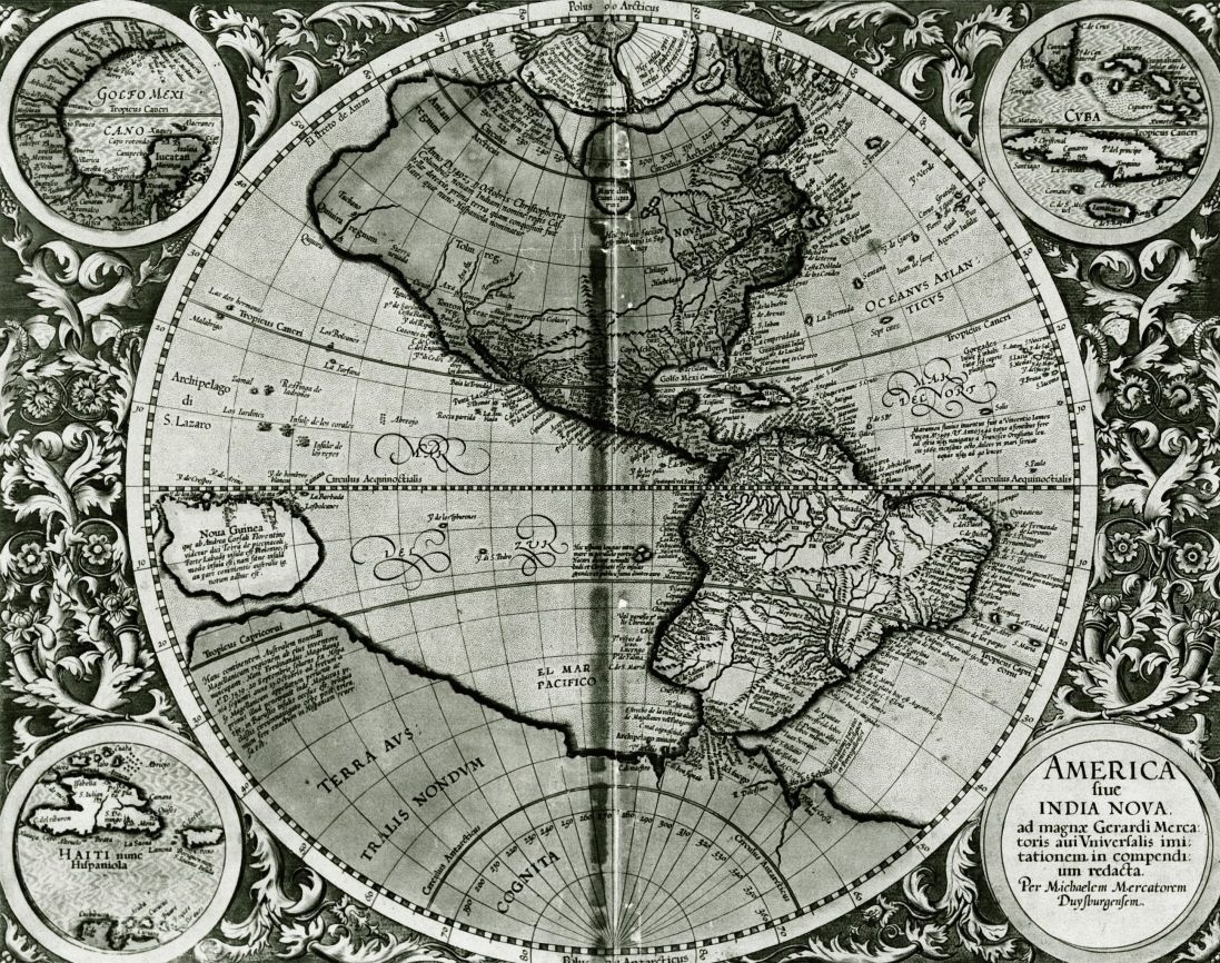 A vintage map of the Americas, depicting North and South America with detailed geographic features. The map is circular with decorative elements and smaller inset maps in the corners, showcasing a historical representation of early cartography.