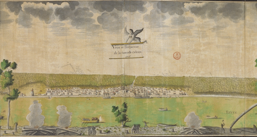 An 18th-century illustrated landscape showing the city of New Orleans along a river, with boats and buildings visible. The scene includes figures and cannons in the foreground, trees, and clouds in the sky.