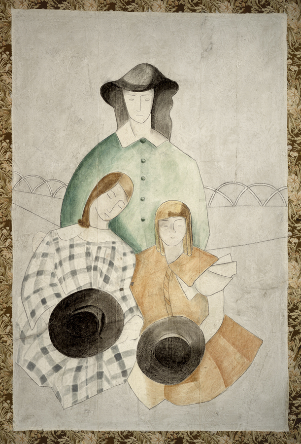 Three abstractly drawn figures stand and sit together. The tallest wears a green coat and wide-brimmed hat, while the others wear patterned and orange dresses, holding black hats. The background features a bridge and decorative floral border.