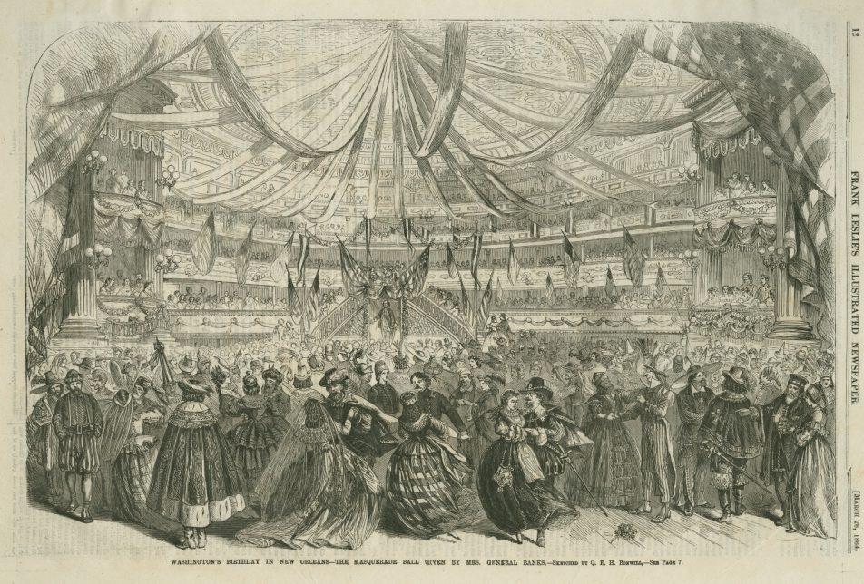 A vintage illustration of a grand masquerade ball with elegantly dressed figures dancing and mingling under a lavishly decorated ceiling, featuring draped banners and a chandelier. The scene captures a festive and ornate atmosphere.