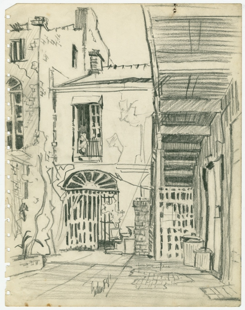 A pencil sketch of a narrow alley with buildings on either side. A person stands on a balcony, and potted plants line the path. The scene is detailed with railings, arched windows, and textured brickwork. Trees and foliage add to the setting.