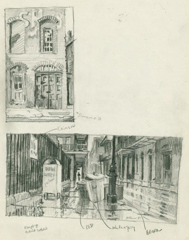 A pencil sketch features two urban scenes. The top image shows a detailed facade of a brick building with arched windows and a door. The bottom depicts a narrow alley with wet, reflective pavement, bins, and annotations like red and brown.