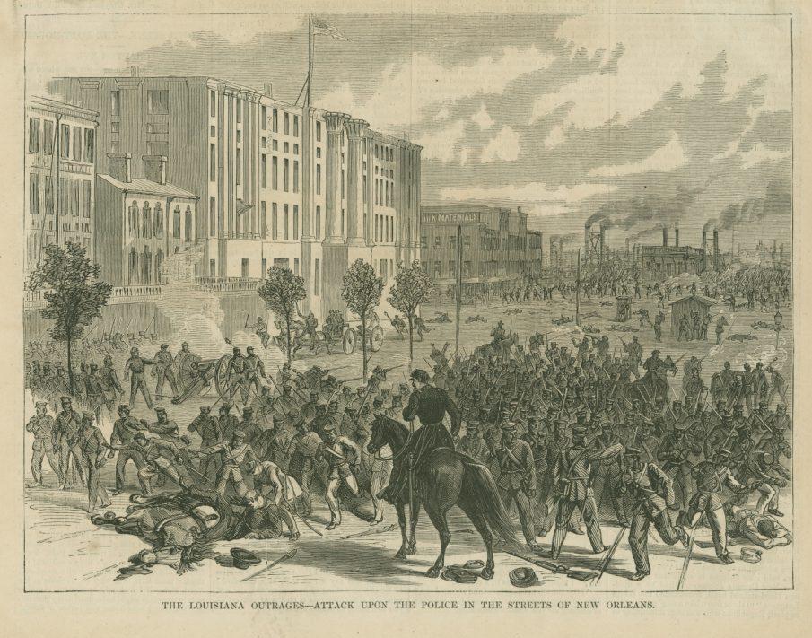 A historical illustration depicts a chaotic street scene in New Orleans with police and civilians in conflict. Soldiers on horseback are in the foreground, while buildings and smoke from factories appear in the background. The image is captioned about the Louisiana outrages.