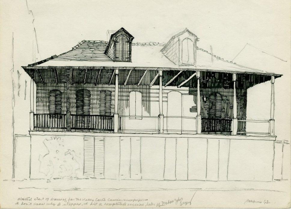 Sketch of a vintage house with a porch and arched windows. The roof features a small dormer. Handwritten text and scribbles are visible at the bottom of the drawing.