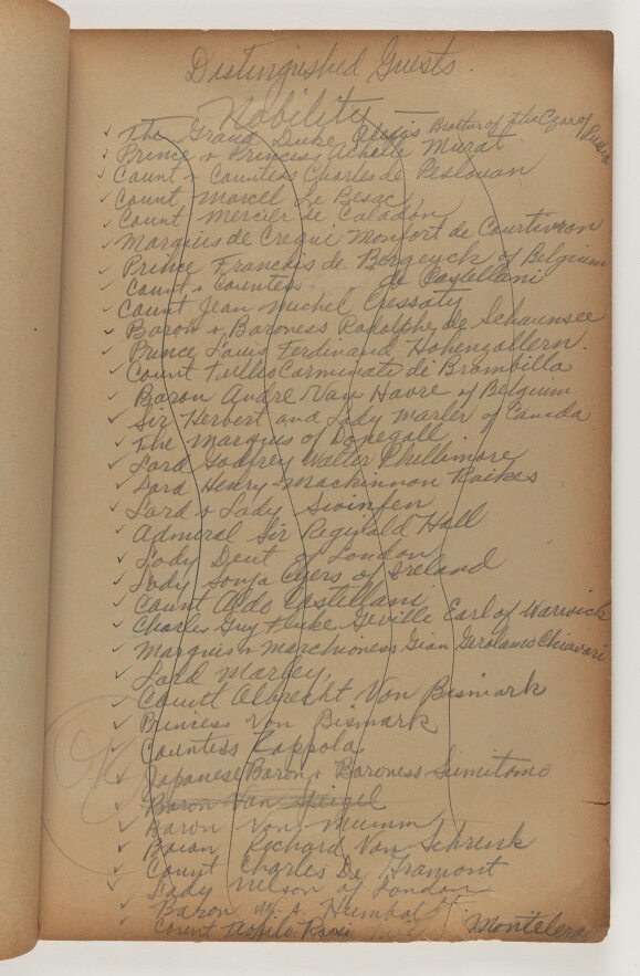 A page from an old guestbook titled Distinguished Guests featuring a list of names written in elegant cursive script. The page is yellowed with age, and there are two vertical scribbles running through the text.