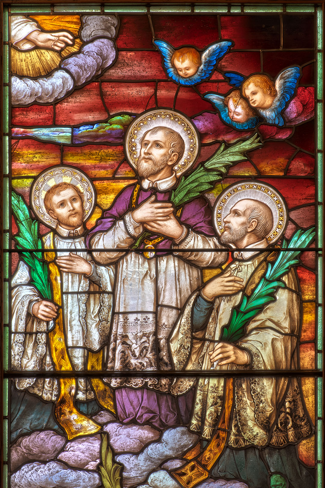 Stained glass window from Chapel of the Holy Name of Jesus (Jesuit High School), depicting Saints Stephen Pongrácz (1583–1619) and Melchior Grodziecki (1584–1619).
