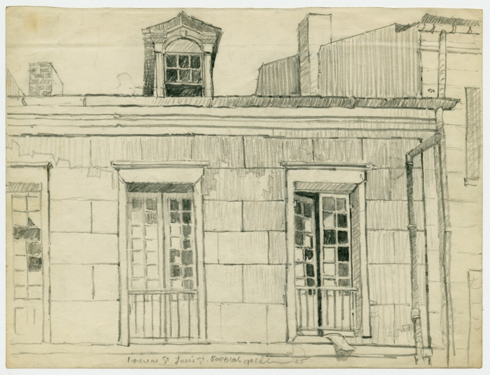 Pencil sketch of a building facade featuring two tall windows with balconies. Above, theres an attic window with a decorative frame. The structure shows a stone-like texture and visible rain gutters.
