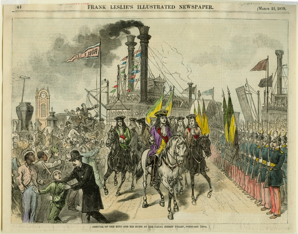A historical illustration from Frank Leslies Illustrated Newspaper dated March 22, 1879. It depicts a lively Mardi Gras scene with costumed riders on horses, a crowd of people, and a steamboat in the background.