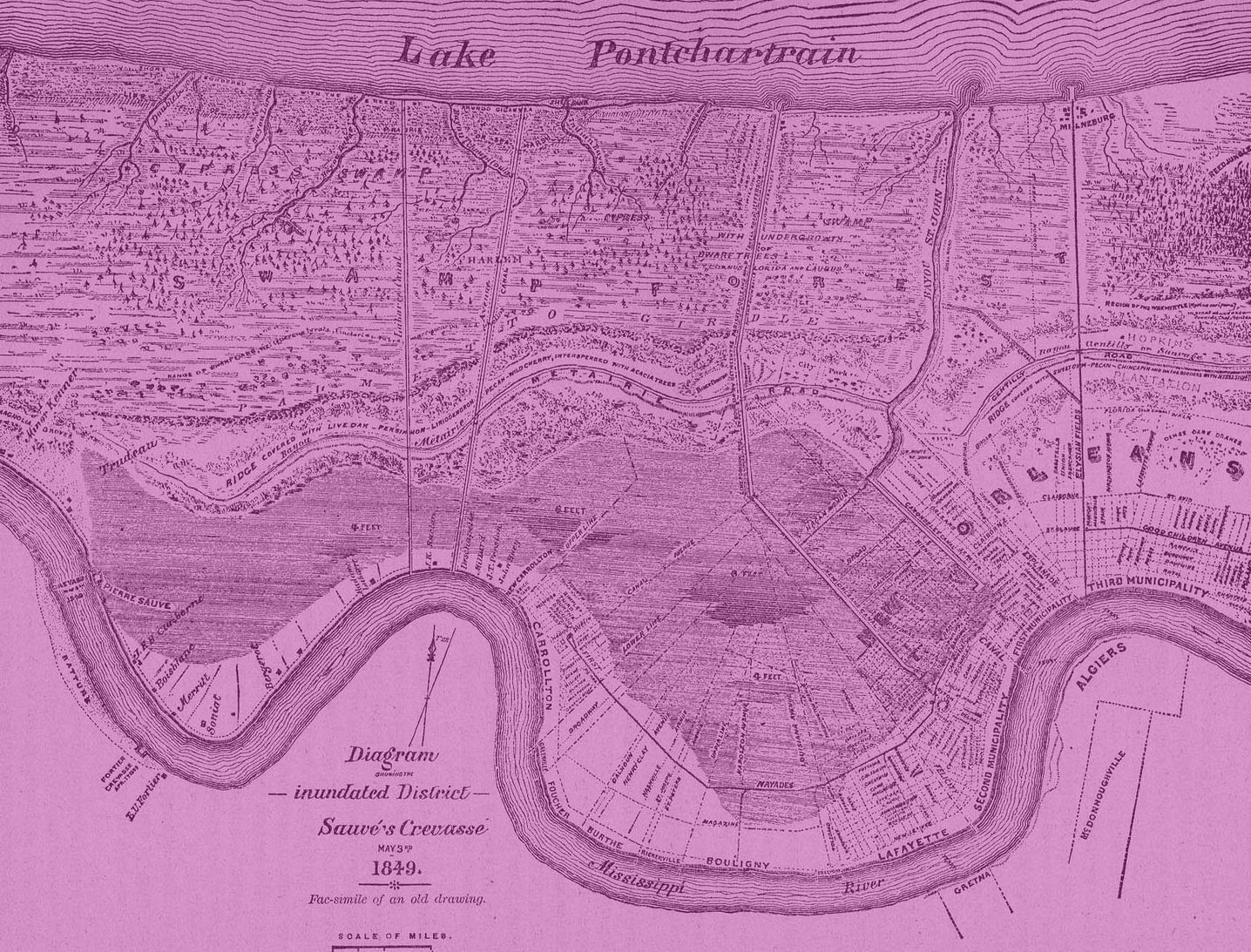 A vintage map from 1849 depicting the inundated district near Lake Pontchartrain and the Mississippi River. The map shows geographical features, water bodies, and labeled areas with a title and scale at the bottom.