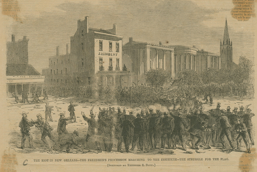 An illustration of the New Orleans riot shows a chaotic street scene with a large crowd of people, some clashing. A building labeled J. Himmel is visible. The scene includes both civilians and uniformed individuals, with a caption detailing the event.