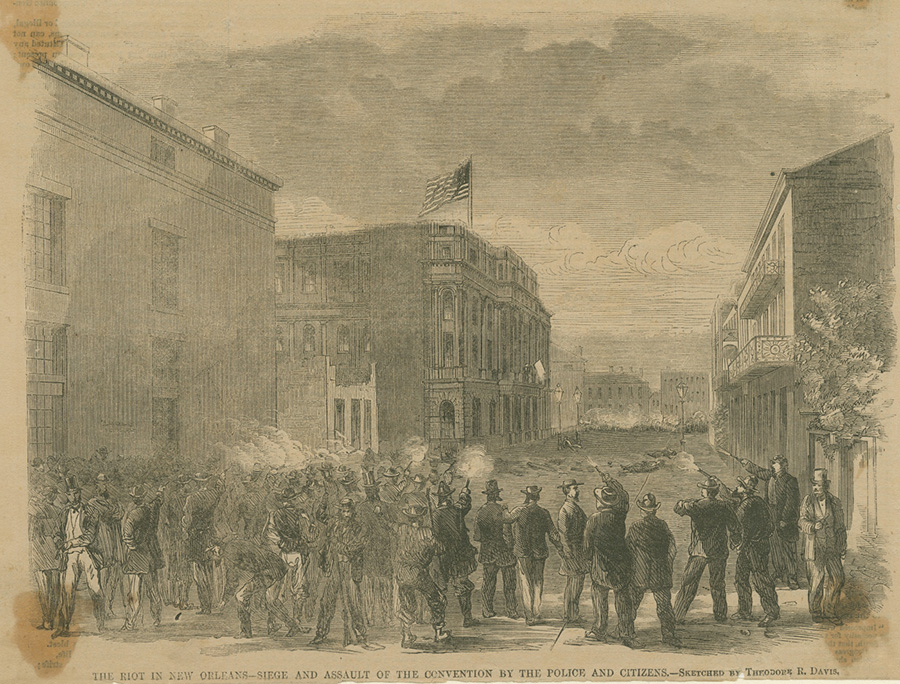 A historic illustration depicting the 1866 riot in New Orleans. It shows a crowd of people on the street, including police officers confronting civilians. The American flag flies above a prominent building in the background.
