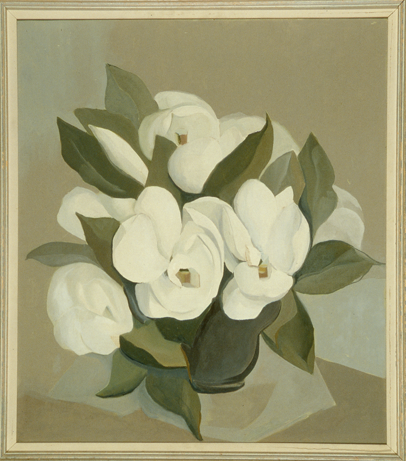 A painting depicting a bouquet of white magnolias in a vase with dark green leaves on a neutral background. The flowers are large and appear to be arranged in a simple, elegant composition.