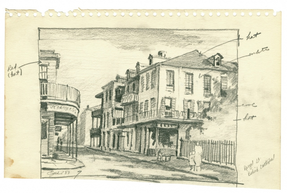 A pencil sketch depicts a street view with three-story buildings featuring balconies. The scene includes a streetlamp, a figure walking, and handwritten notes labeling architectural elements. The sky is clear, and the street is empty.