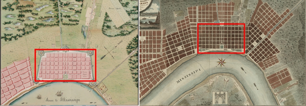 Two historical maps side by side, highlighting an area in red. The left map shows the planned layout of New Orleans, featuring a grid pattern. The right map displays the actual development along the Mississippi River.