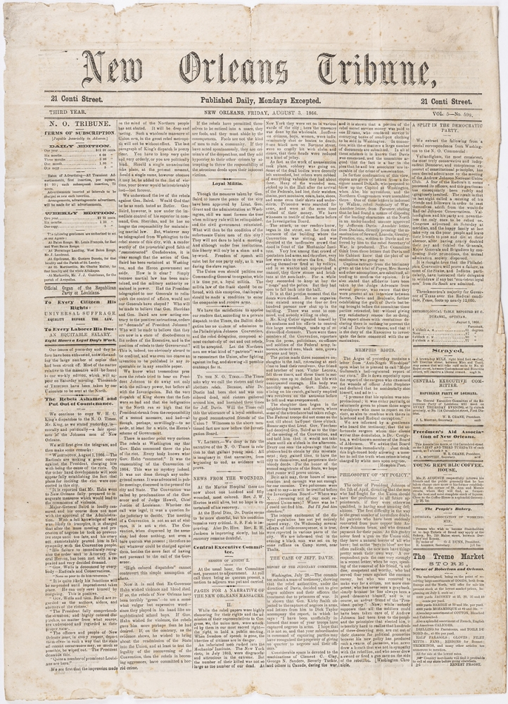 A vintage newspaper front page titled New Orleans Tribune, dated Friday, August 5, 1864. The page features multiple columns of text with various articles and advertisements across the page, printed in black ink on aged paper.