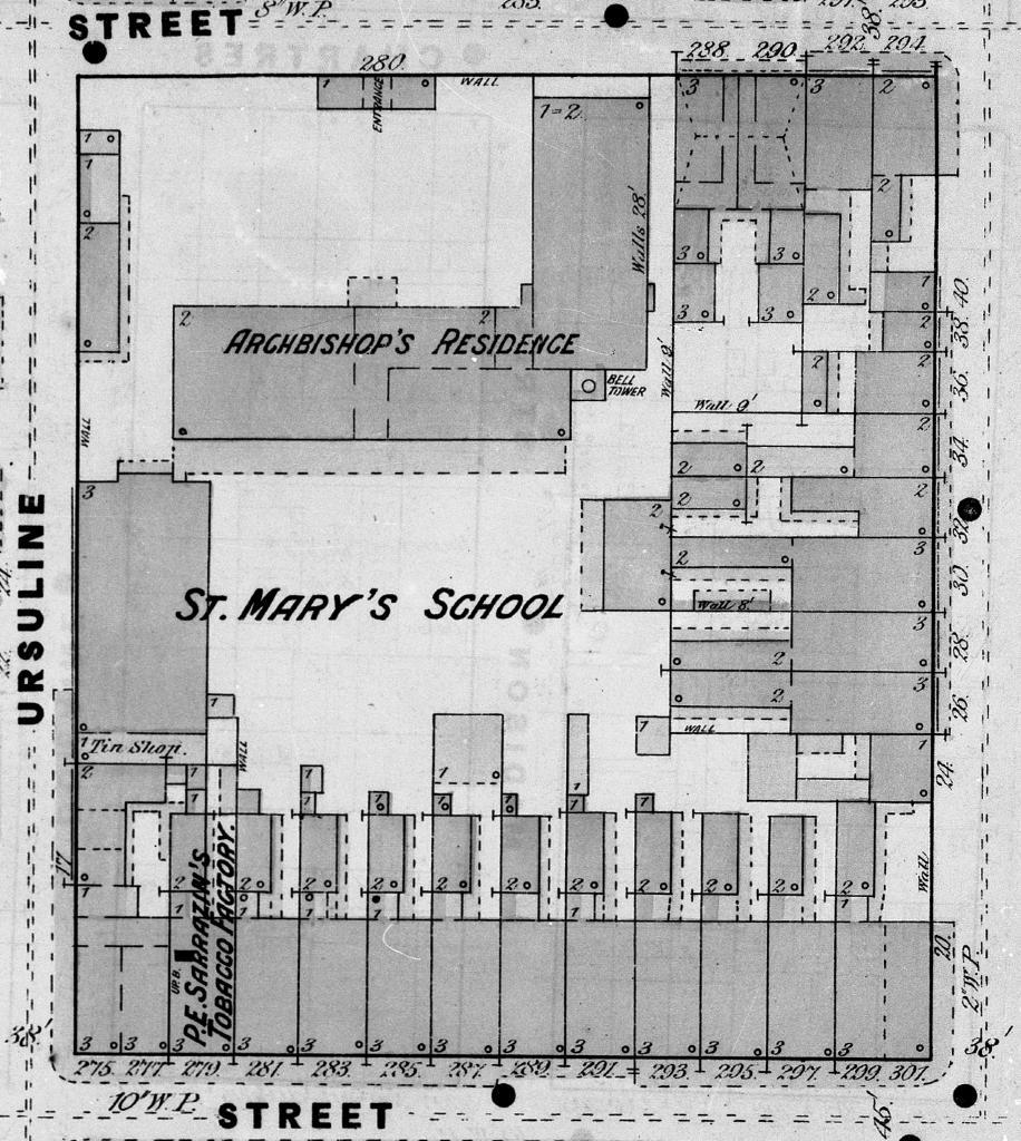 A black-and-white vintage map showing the layout of St. Marys School and the Archbishops Residence at the intersection of Ursuline Street and another street. The map includes detailed building outlines and street names.
