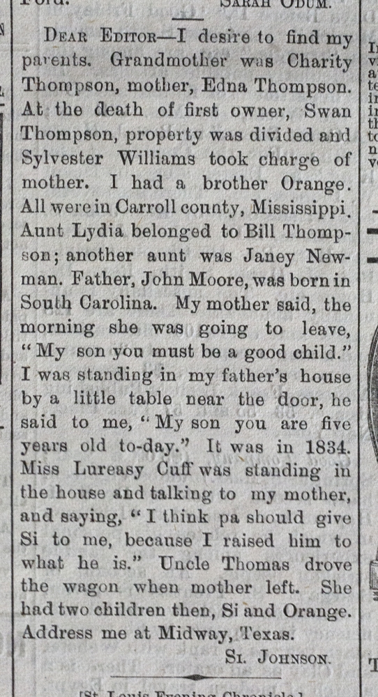A vintage newspaper letter seeking relatives. The author shares family history, mentioning names like Charity Thompson, Edna Thompson, Orange, and Sylvester Williams. They request contact at Midway, Texas, signed by St. Johnson.
