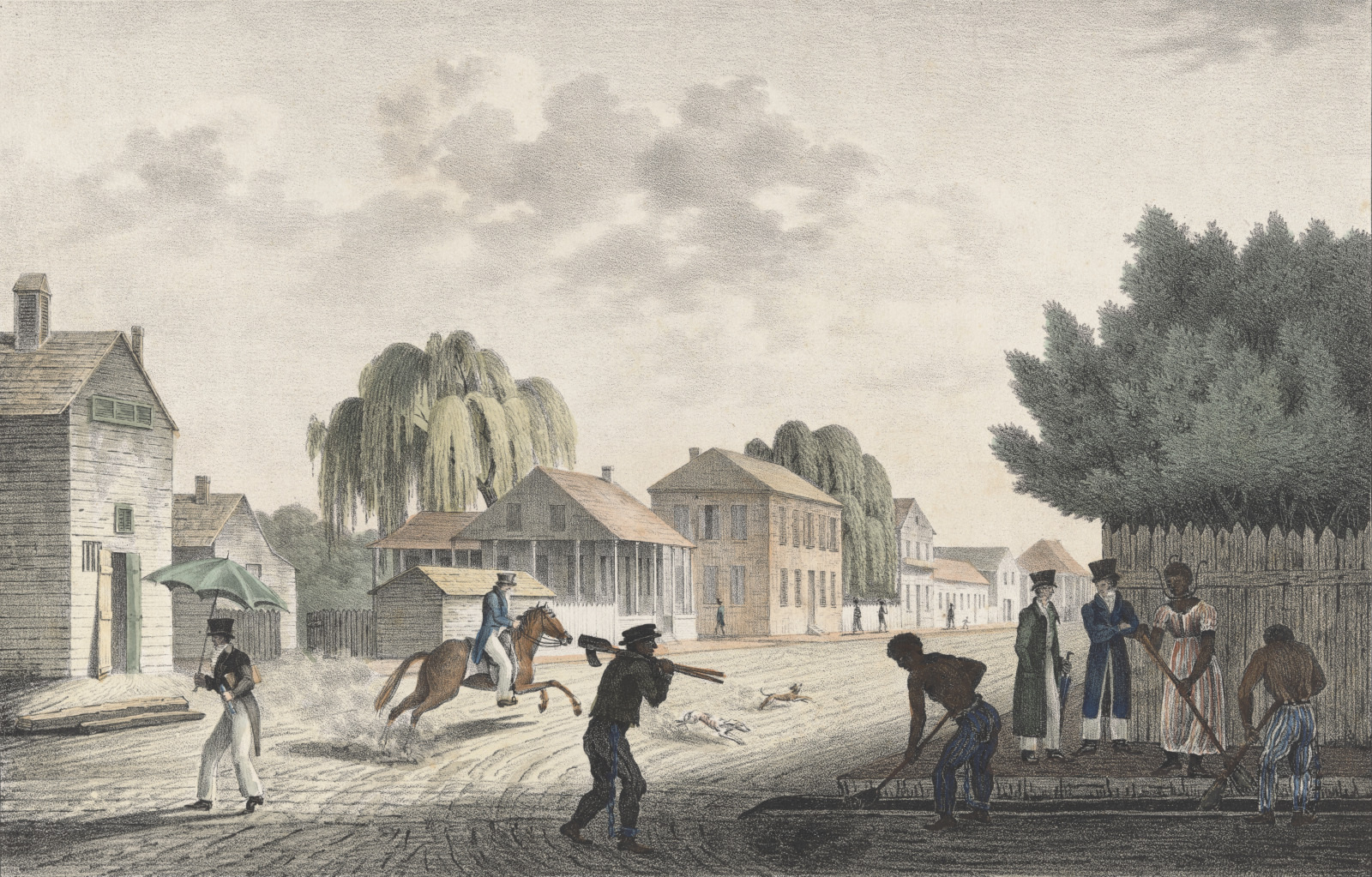 A 19th-century street scene depicts people working and interacting: two individuals dig or work near a trench, a person on horseback, figures standing nearby, and others walking. The background shows buildings and trees under a cloudy sky.