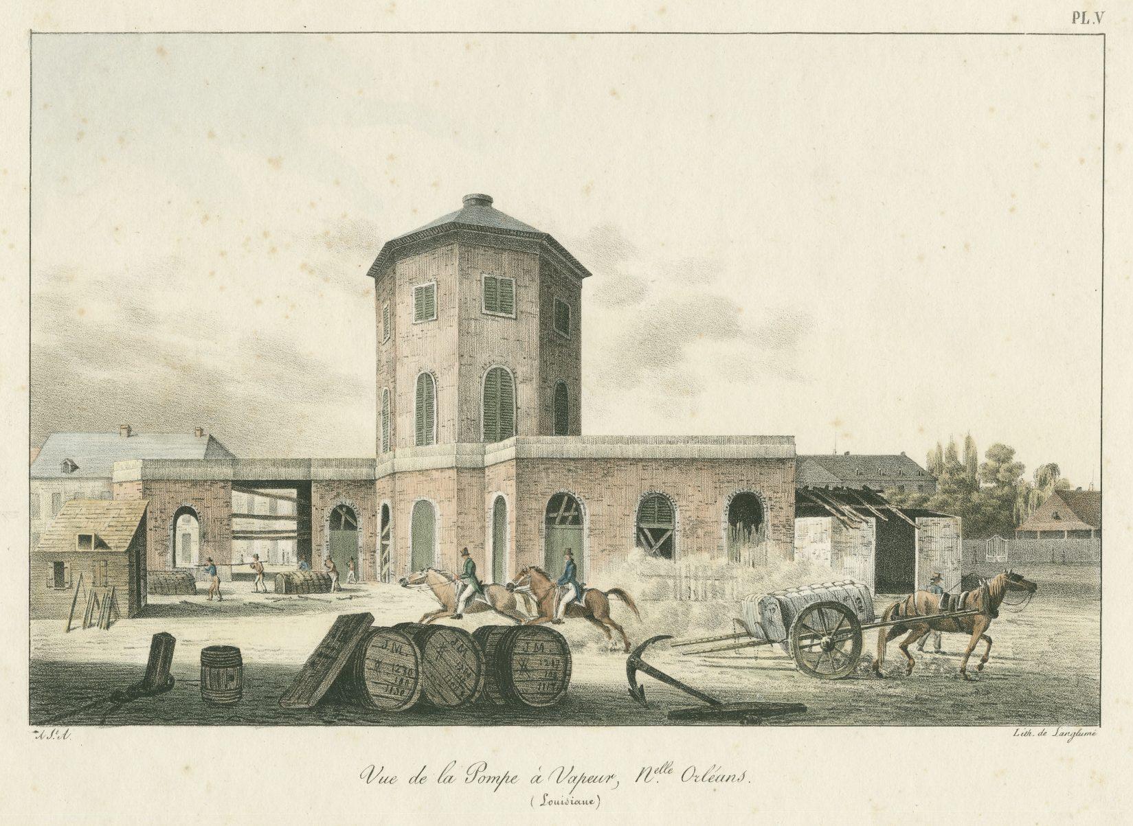 A vintage illustration depicts a rustic courtyard scene with a central stone building. Horses pull a cart on the right, while barrels and wooden planks are scattered in the foreground. The sky is lightly overcast. Captions are in French.
