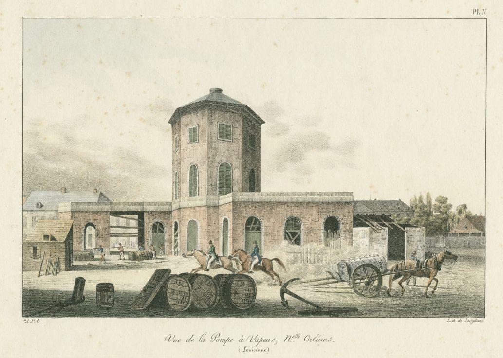 A vintage illustration of a brick building with a tall, central clock tower and arched windows. Horses draw carriages in front, while barrels and carts are scattered nearby. Trees and additional structures are visible in the background.