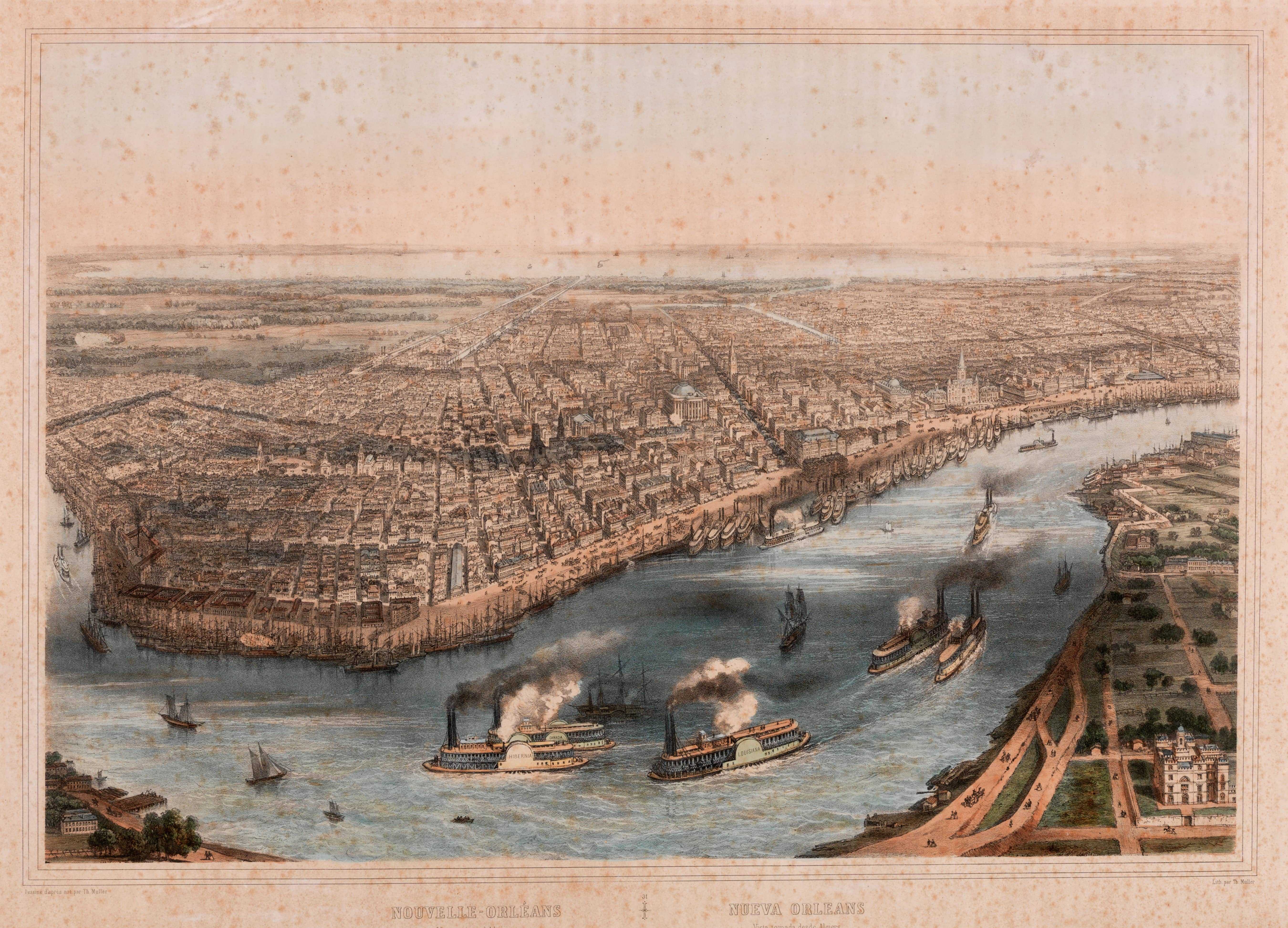 A vintage illustration of New Orleans depicts the city’s expansive layout along the Mississippi River. Several steamboats navigate the waterway, with detailed city structures and trees visible in the landscape.