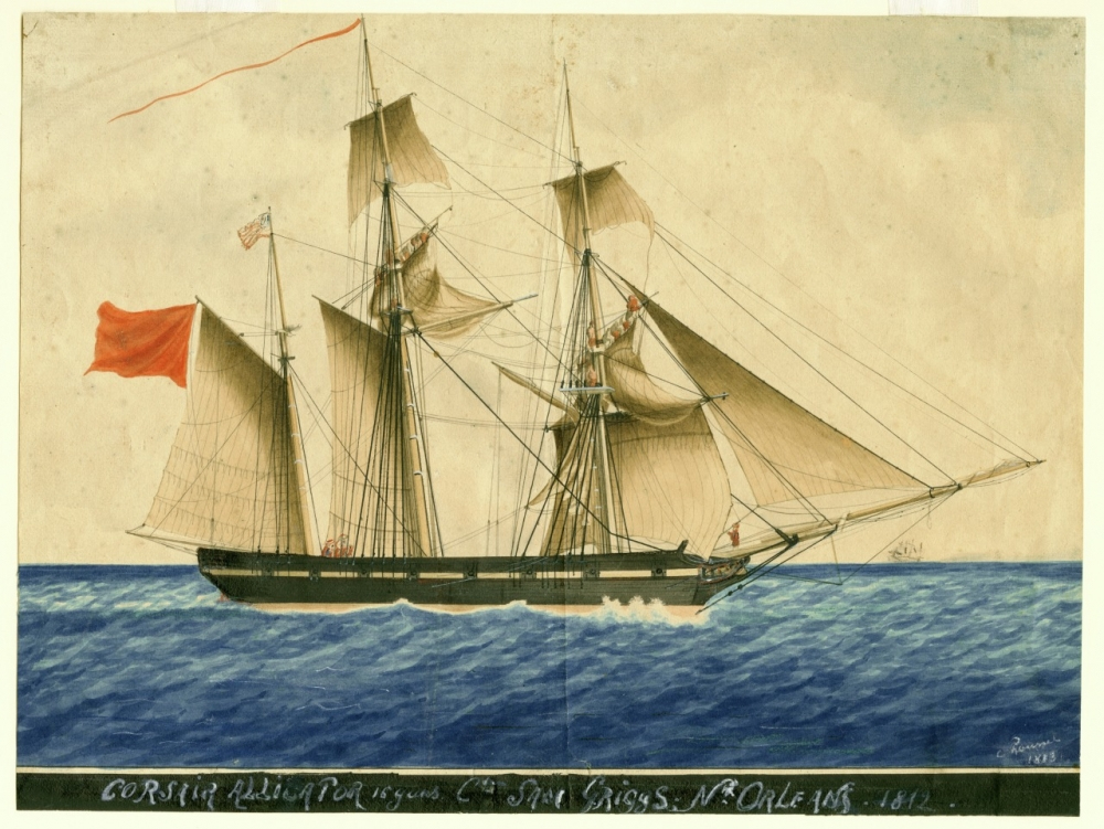 Illustration of a 19th-century sailing ship, the Corsair Alligator, against a blue sea. The vessel has multiple sails and a red flag, with Capt. John Gregs, N. Orleans, 1811 inscribed below.