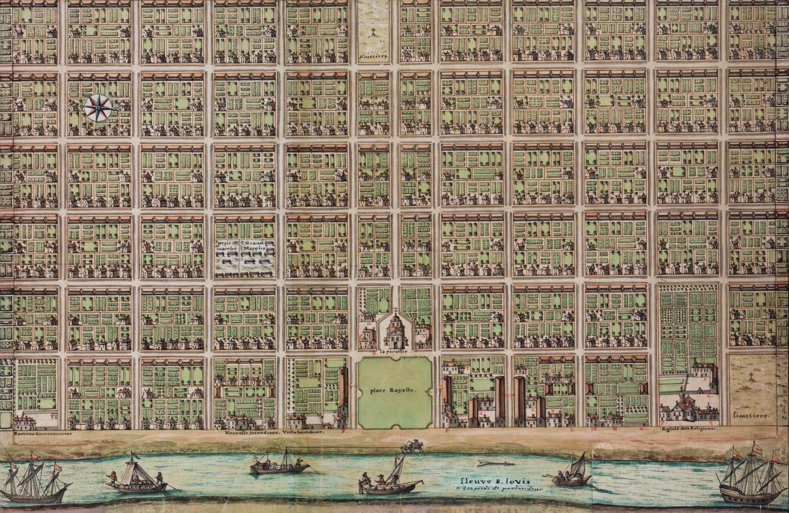 Antique map of a city grid with detailed plots, streets, and buildings. It includes a compass rose and features ships sailing on the river at the bottom. The layout is intricate, showcasing a geometrically organized urban plan.