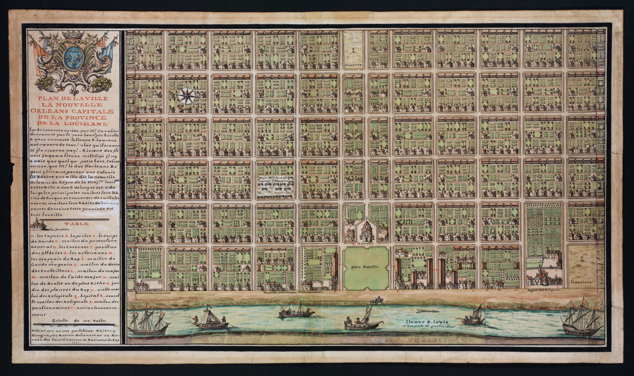 A detailed historical map of New Orleans, depicting a grid layout of streets with labeled sections. Artistic elements include a decorative border and illustrations of ships on the adjacent river, labeled Fleuve de misesipi.