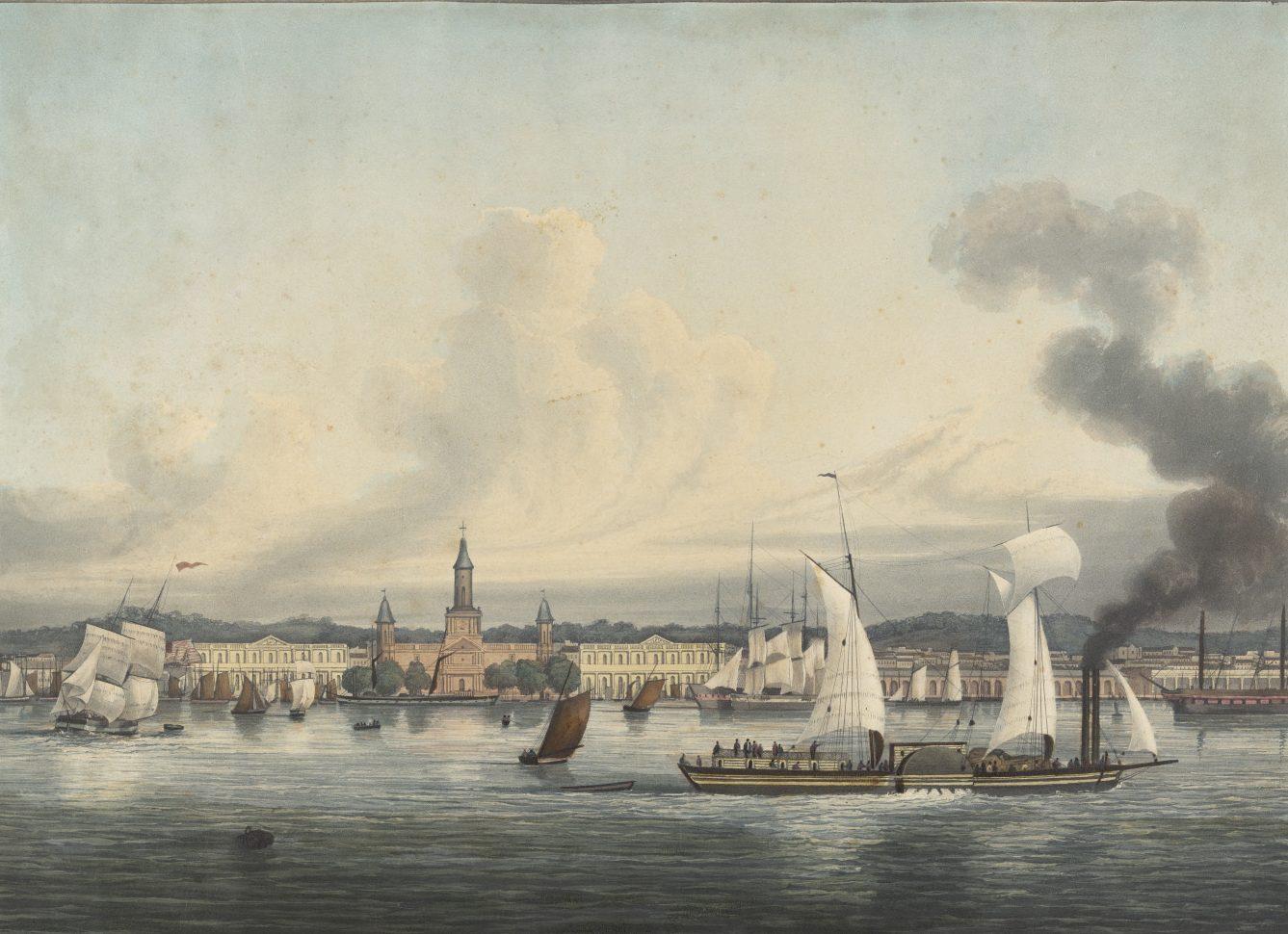 A historical painting depicts a bustling harbor scene with several sailing ships and a steamship on calm waters. In the background, an expansive building with a tall clock tower stands against a clear sky, with smoke billowing from the steamer.